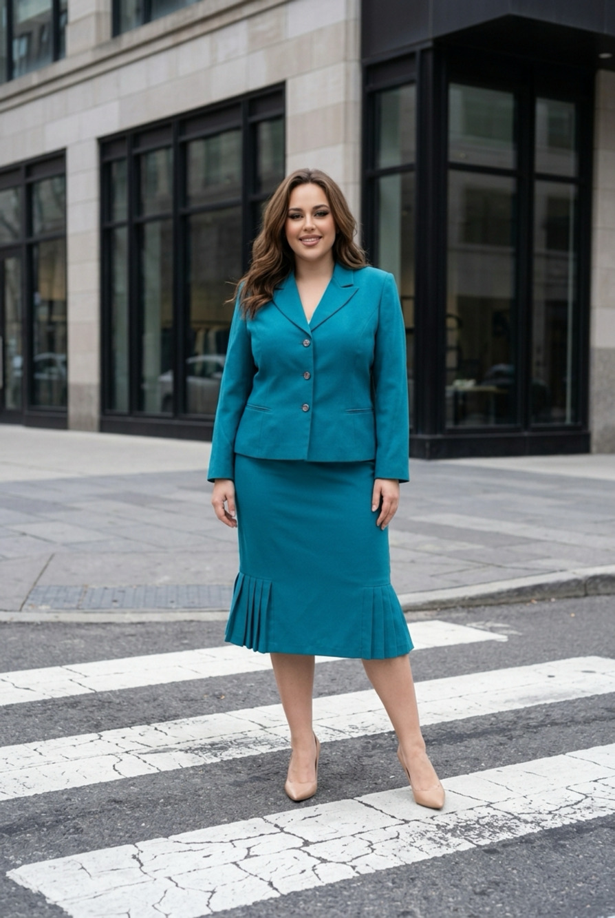 Natasia 2-Piece Skirt Suit Size 20 Teal Jacket Pleated Hem Midi